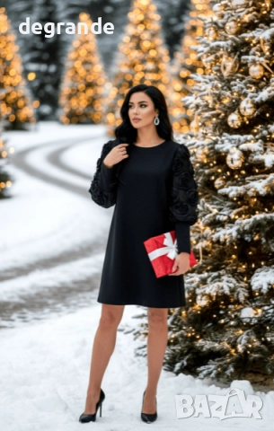 Черна рокля с ръкави от органза, снимка 2 - Рокли - 52597024