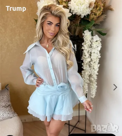 Дамска прозрачна вечерна рокляс подвижен аксесоар роза, цвят бледосин