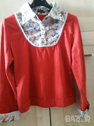 Дамска памучна червена блуза с платка, снимка 3 - Блузи с дълъг ръкав и пуловери - 30105675