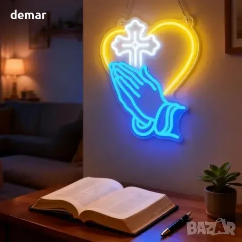 USB LED неон Lightzz с молитвени ръце и кръст, регулируема яркост, снимка 4 - Лед осветление - 55955515