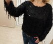 Черна "рошава" и много мекичка блуза - цялата в черни висящи пайети , снимка 3