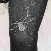 М Черен чорапогащник с паяци от сребрист брокат, снимка 1 - Бельо - 39496390