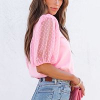 Дамска памучна блуза в розово с ръкави от тюл на точки, снимка 4 - Тениски - 42775062