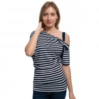 Дамска моряшка блуза с къс ръкав, паднало рамо с панделка, снимка 14 - Тениски - 30313488