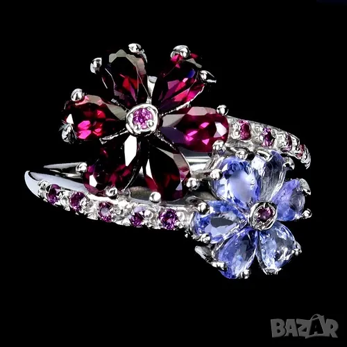 925 сребърен пръстен с родолит и танзанит подходящ за подарък, снимка 1