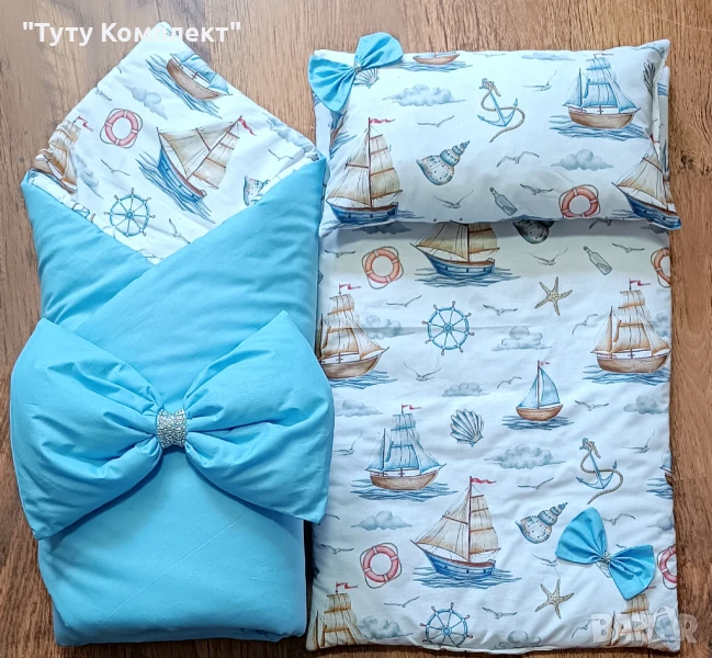 Комплект от памучно портбебе ( одеяло, чувалче),подложка с възглавница, снимка 1