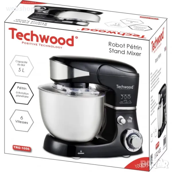 Планетарен миксер Techwood TRO-1056, 1000W, 5 литра, 6 скорости, Пулс, 3 приставки, Черен, снимка 1