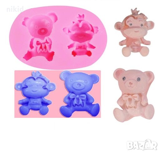 Малко мече и маймунка силиконов молд форма декорация торта фондан шоколад и др., снимка 1