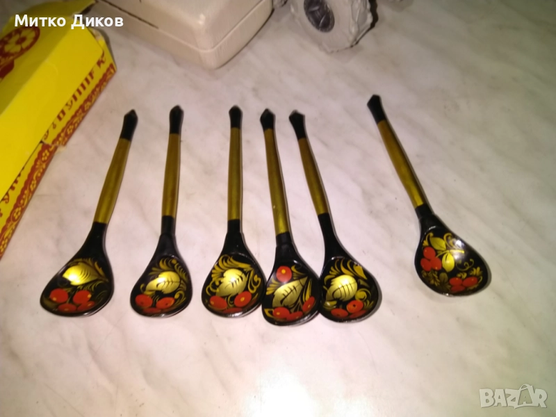 Дървени лъжици с руска народна украса, ръчно рисувани, комплект от 6 броя нови, снимка 1