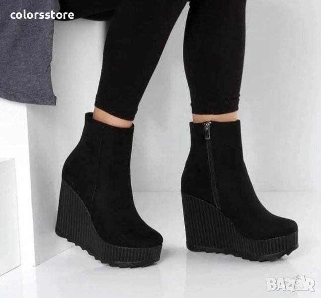Боти на платформа - черен велур - BNP1, снимка 1