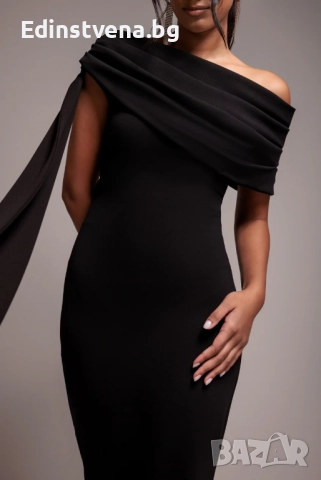 Дамска дълга черна рокля с голо рамо и елегантна драперия, снимка 3 - Рокли - 52391983