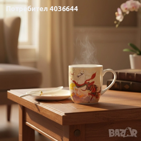 Подаръчен късметлийски порцеланов комплект – чаша, чинийка и лъжичка с празничен дизайн на коне, снимка 6 - Други - 52576629