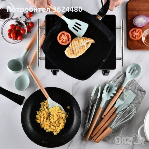 Комплект аксесоари за готвене Силиконови с дървени дръжки, снимка 6 - Прибори за хранене, готвене и сервиране - 39982609