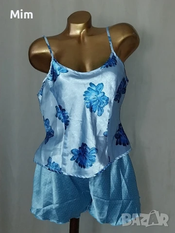 L Син сатенен топ потник и шорти 