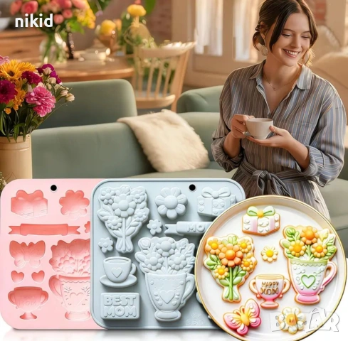 Best mom мама майка цветя подарък купа чаша букет ден жената силикоов молд форма фондан шоколад гипс, снимка 4 - Форми - 54176355