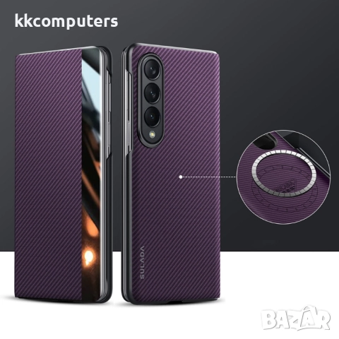 Калъф SULADA Kevlar за Samsung Galaxy Z Fold4 – смарт капак с прозорец, кожена текстура и магнитна ф, снимка 3 - Калъфи, кейсове - 52224743