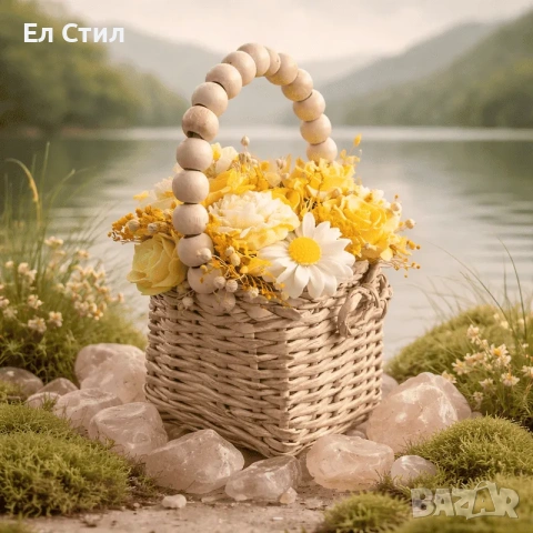 Букет от восъчни цветя в чантичка с дръжка от дървени топчета, снимка 2 - Декорация за дома - 53915485