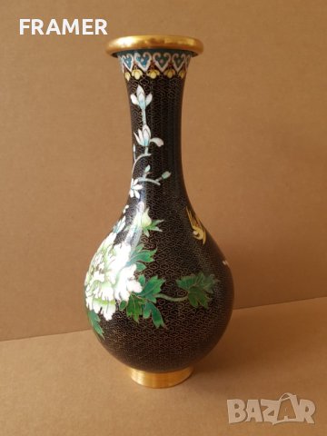 Красива 19ти век Китайска Клазоне бронзова клетъчен емайл ваза, снимка 3 - Вази - 42262468