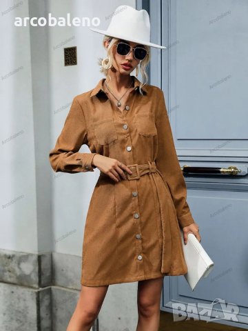 Дамска рокля от рипсено кадифе с дълъг ръкав в стил риза с ревер, снимка 4 - Рокли - 42080824