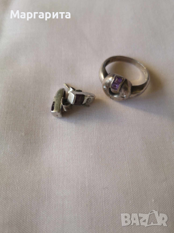 Комплект пръстен и обеци от сребро и аметисти, снимка 2 - Бижутерийни комплекти - 44819462