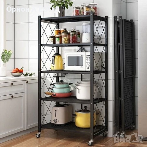 Сгъваем Стелаж с 5 рафта на Колелца, Изцяло Метален, Издържа 200 килограма , снимка 5 - Етажерки - 52091234