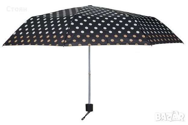 Сгъваем чадър за дъжд, ръчен, черен с бяло-кафяв дизайн на точки, 24 см, снимка 2 - Други - 42875527