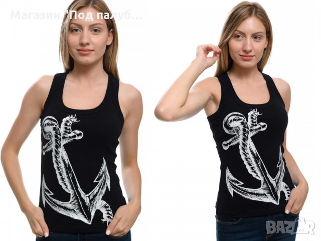 Нов дамски черен потник с трансферен печат Голяма котва, морски, снимка 10 - Потници - 29964676