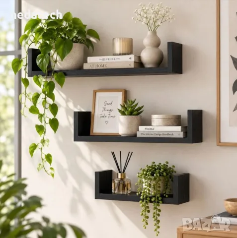 Стенни рафтове от MDF, черен дъб – 3 бр., снимка 2 - Етажерки - 56099104