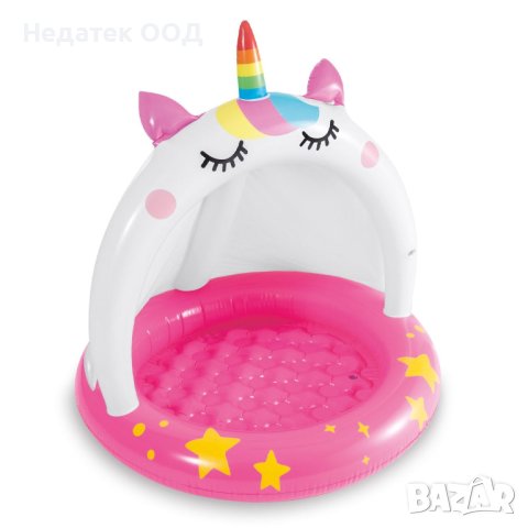 Бебешки басейн със сенник, Intex, White Fuchsia Unicorn, Фуксия/ бял,  1.02x1.02м, снимка 2 - Надуваеми играчки - 40575532