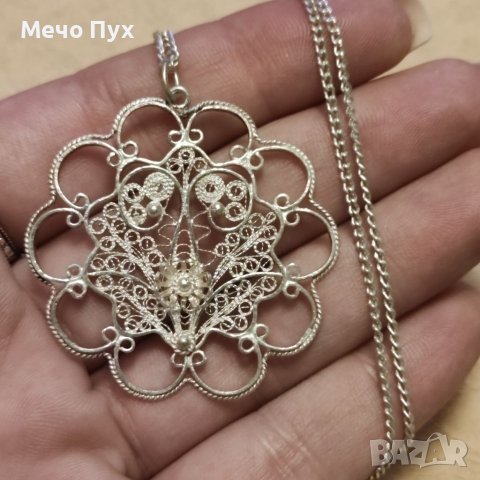 Стар сребърен синджир с висулка филигран (160), снимка 2 - Колиета, медальони, синджири - 40838058