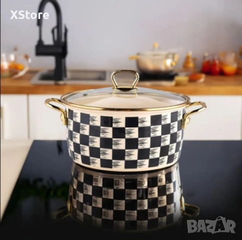 Тенджера Goldmann 24x15см. 6.2л./ 26x16см. 8.5л., 4л., 5л., Емайл. Индукция. Бял/Черен каре, снимка 2 - Съдове за готвене - 52507705