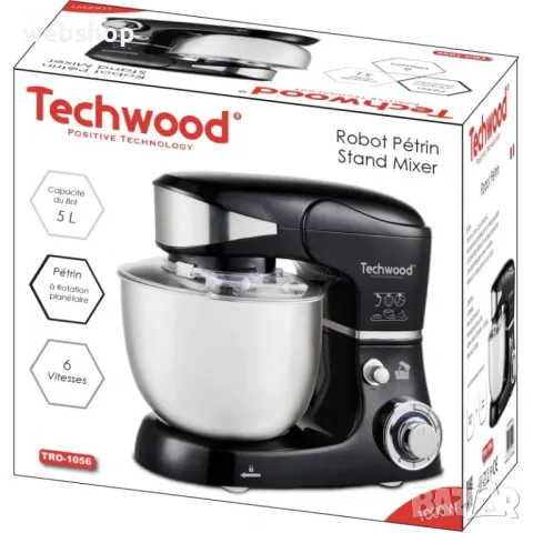 Планетарен миксер Techwood TRO-1056, 1000W, 5 литра, 6 скорости, Пулс, 3 приставки, Черен, снимка 1