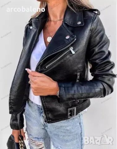Дамско PU късо кожено яке с цип, 2цвята , снимка 5 - Якета - 47289198