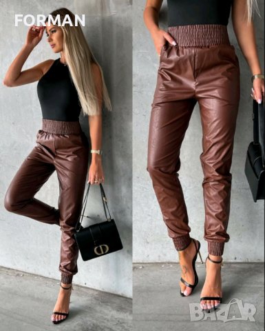 Кожен панталон с висока талия в кафяв цвят, снимка 1