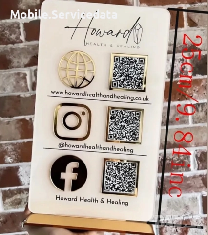 Персонализирана акрилна стойка за QR код – бяло и златисто, подходяща за Google My Business, снимка 2 - Колани - 52632615
