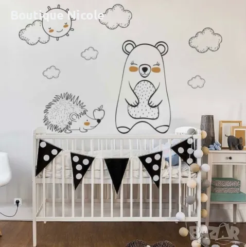 Стикер за детска стая"Ежко бежко и мецана"  , снимка 3 - Декорация за дома - 48875820