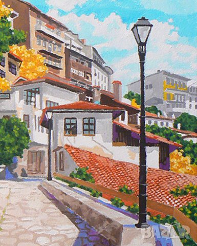 Картина с къщи от Велико Търново.Худ. Мартин Гергински., снимка 4 - Картини - 30126287