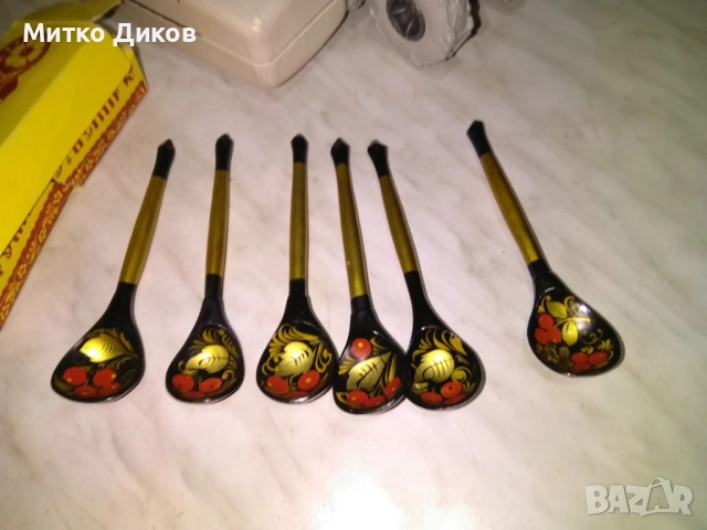 Дървени лъжици с руска народна украса, ръчно рисувани, комплект от 6 броя нови
