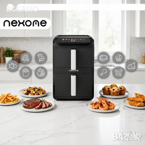 NexOne TwinFryer 11L – Двукамерен фритюрник с горещ въздух 2800W, две независими кошници, 8 програми, снимка 5 - Фритюрници - 56122202