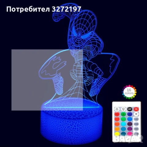 Холограмна 3D LED лампа Spider Man-дистанционно управление 16 цвята+други режими на управление, снимка 3 - Настолни лампи - 50487507