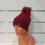 Нова зимна дамска шапка СилвърСтар с камъчета и помпон/пух в цвят бордо, снимка 6