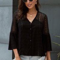 Елегантна дамска блуза в черно с дълъг ръкав и ефектна бродерия, снимка 3 - Блузи с дълъг ръкав и пуловери - 42193168