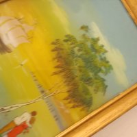 красива картина пейзаж рисувана от вътрешната страна на стъклото със дървена винтидж рамка , снимка 2 - Антикварни и старинни предмети - 44398853