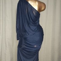 М Елегантна Тъмно синя еластична,рокля с един ръкав, снимка 3 - Рокли - 37361319