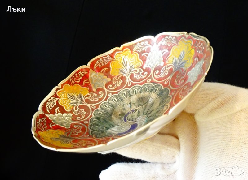 Бронзова фруктиера,клетъчен емайл,паун. , снимка 1