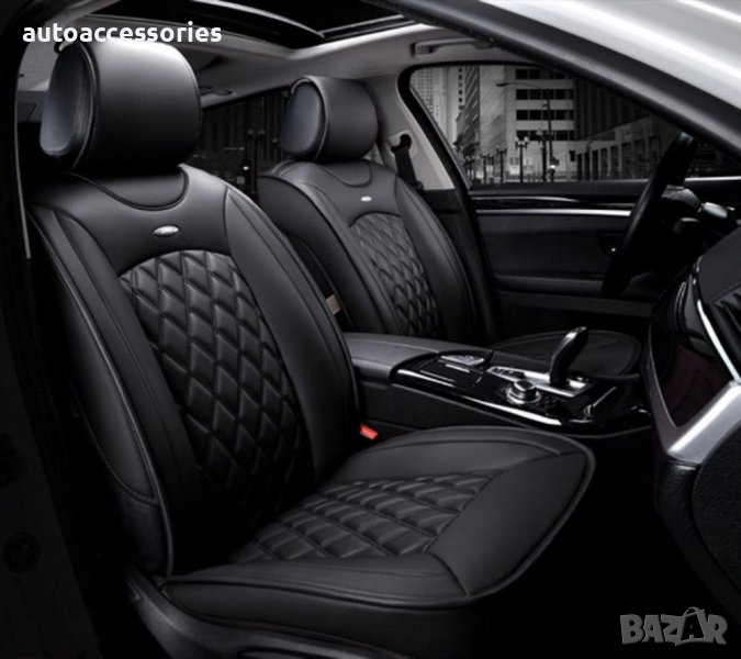 3000053908 Универсална Кожена Тапицерия Черни Калъфи За Предни Седалки Черно 2броя, снимка 1
