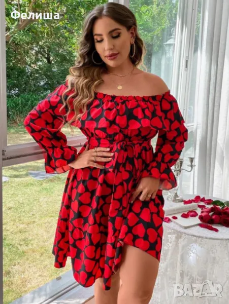 Дизайнерска Черна Рокля на Червени Ярки Сърчица Фламенко , снимка 1