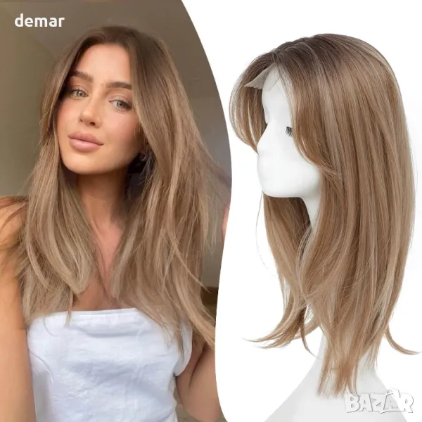 Топер за коса за жени, 45 см, синтетична коса, светлокафяво с руси кичури, снимка 1