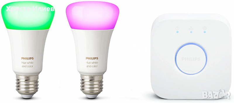 Philips Hue Стартов Комплект 2 LED Крушки RGB E27 9W Bridge Рутер, снимка 1