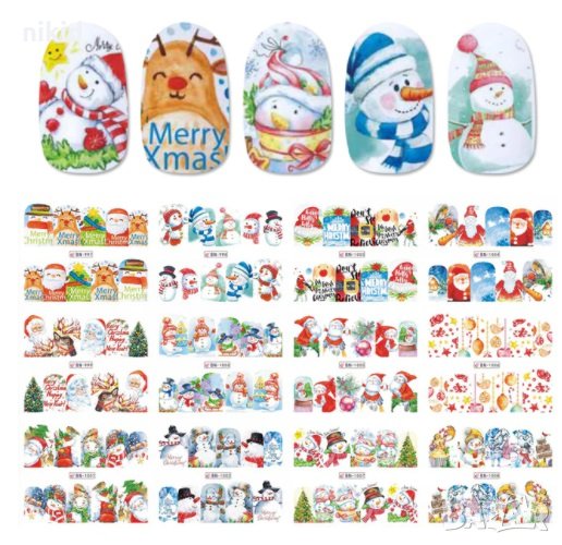 лист 12 в 1 Коледни Снежен човек слайдер татос ваденки водни стикери за нокти маникюр, снимка 1